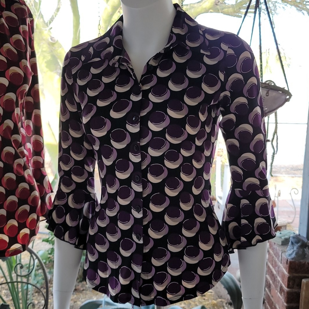 Flirty PURPLE 3/4 Ruffled Bell Sleeve w/Button Front MED ONE TOP!